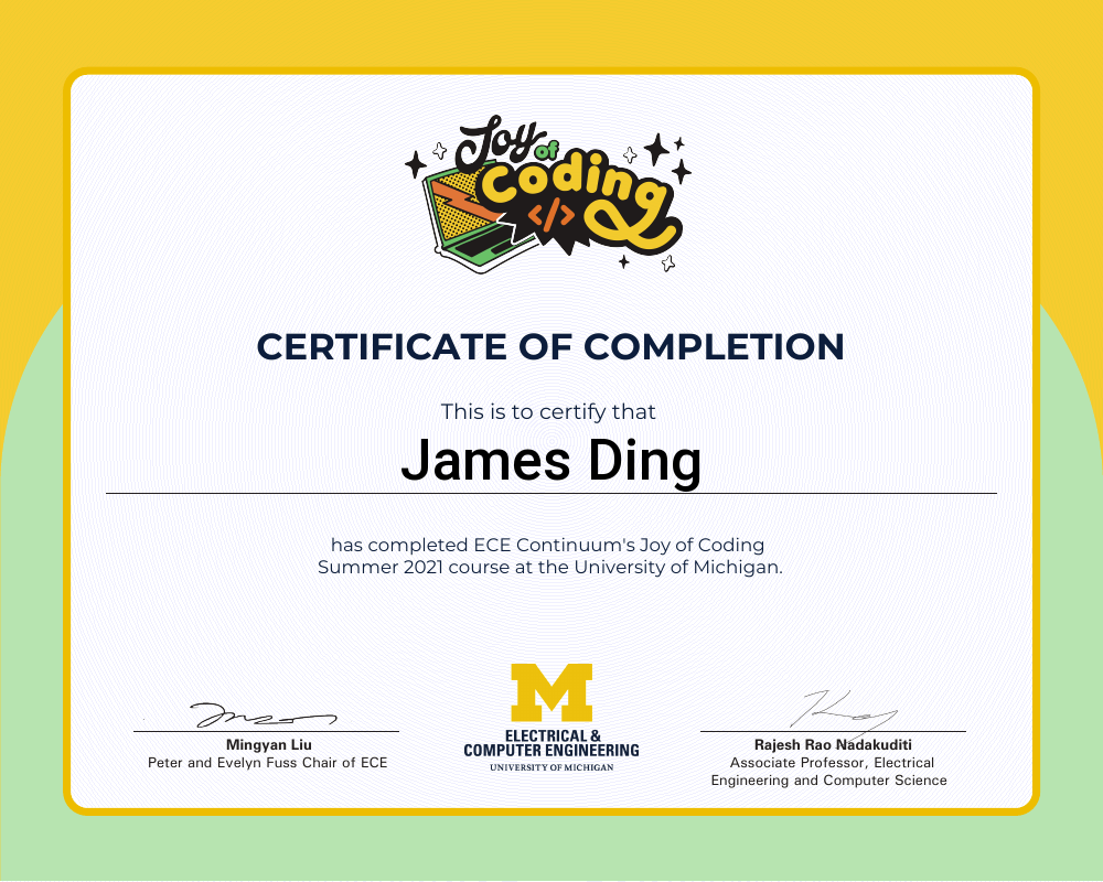 Certificate of completion for James Ding