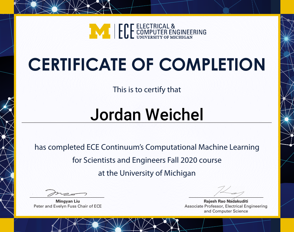 Certificate of completion for Jordan Weichel