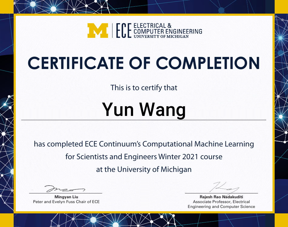 Certificate of completion for Yun Wang