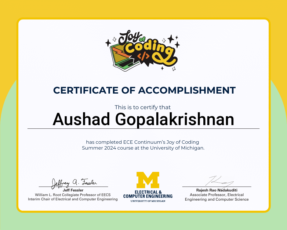 Certificate of accomplishment for Aushad Gopalakrishnan