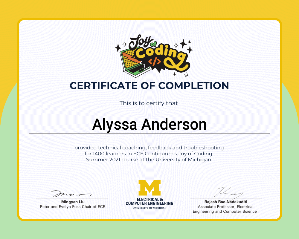 Certificate of completion for Alyssa Anderson