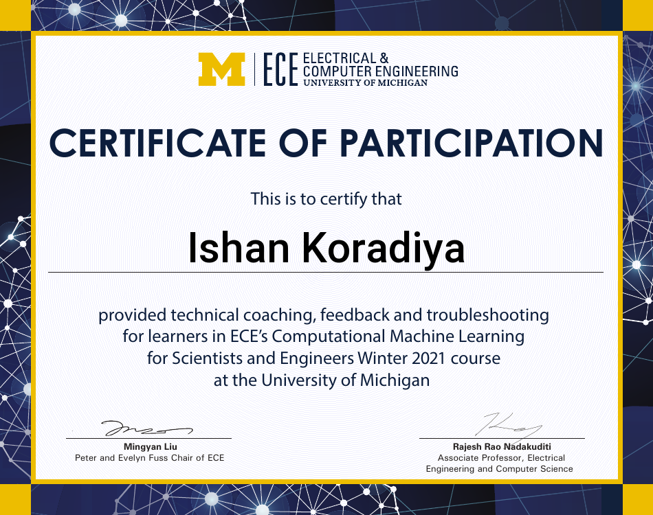 Certificate of completion for Ishan Koradiya