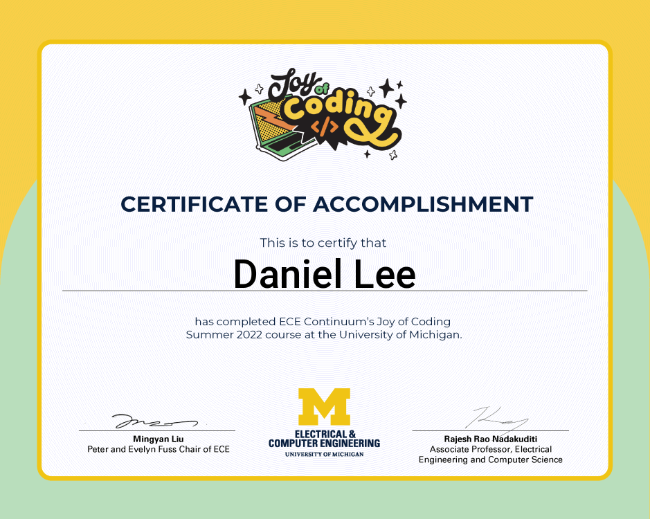 Certificate of accomplishment for Daniel Lee