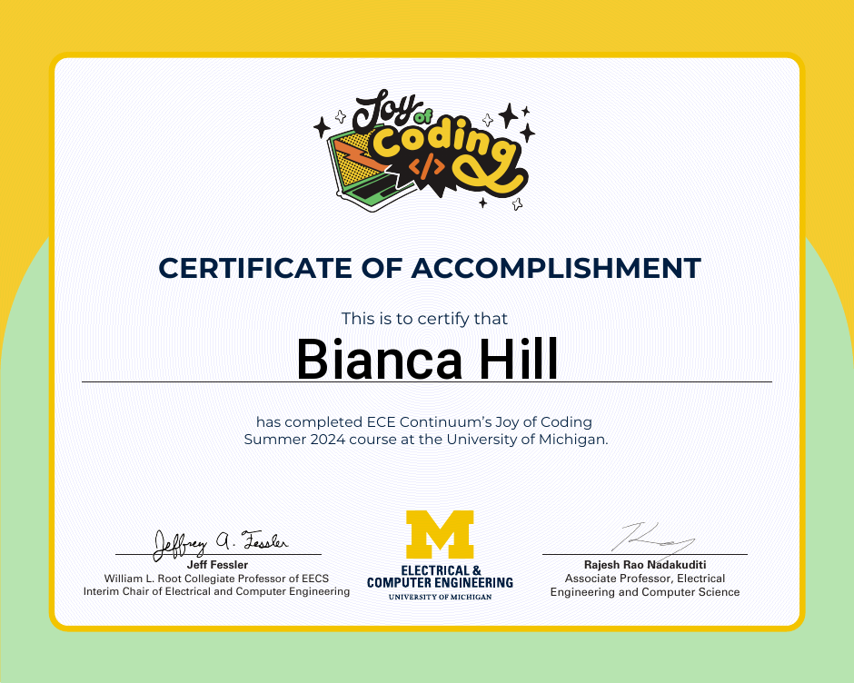 Certificate of accomplishment for Bianca Hill