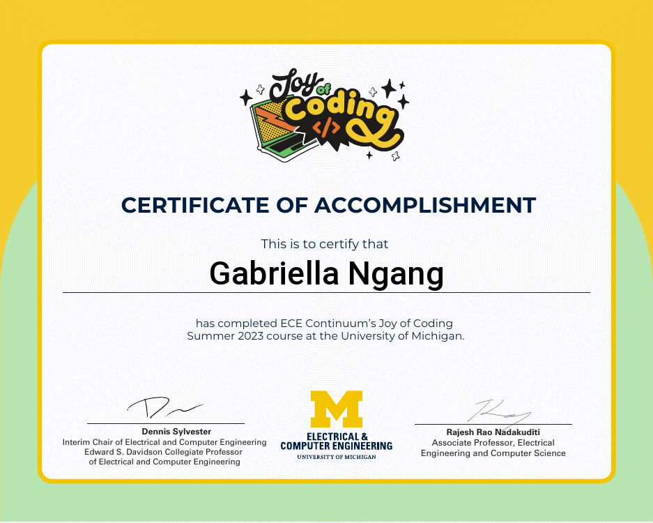 Certificate of accomplishment for Gabriella Ngang