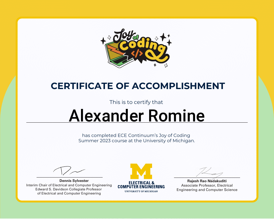 Certificate of accomplishment for Alexander Romine