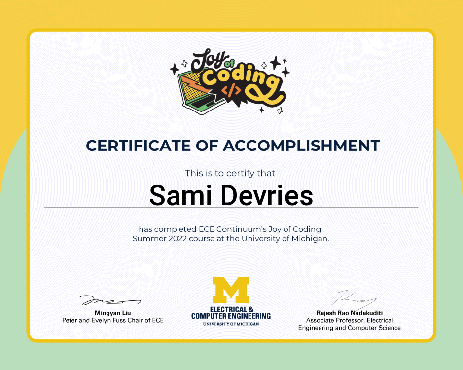 Certificate of accomplishment for Sami Devries