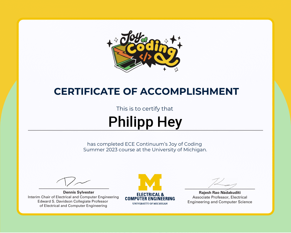 Certificate of accomplishment for Philipp Hey