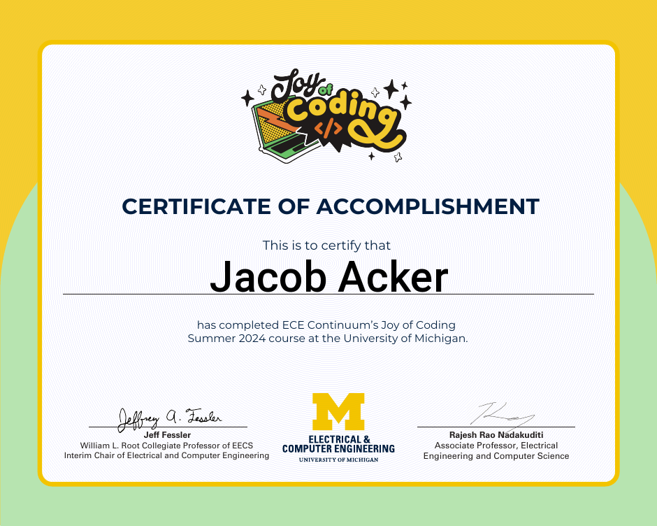 Certificate of accomplishment for Jacob Acker
