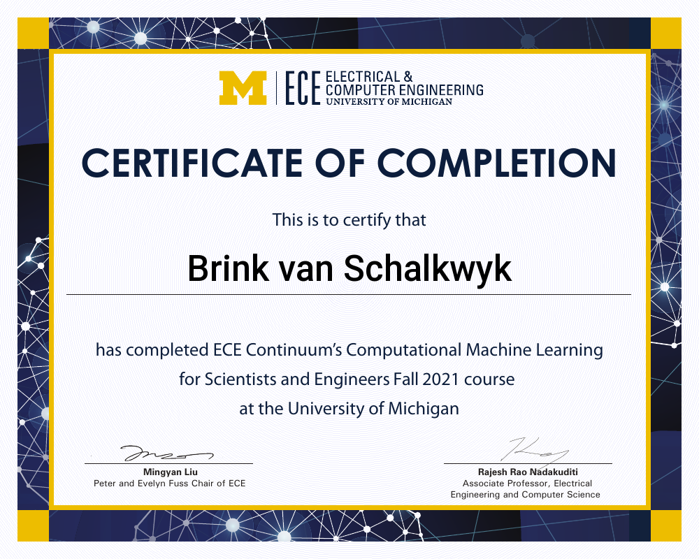 Certificate of completion for Brink van Schalkwyk