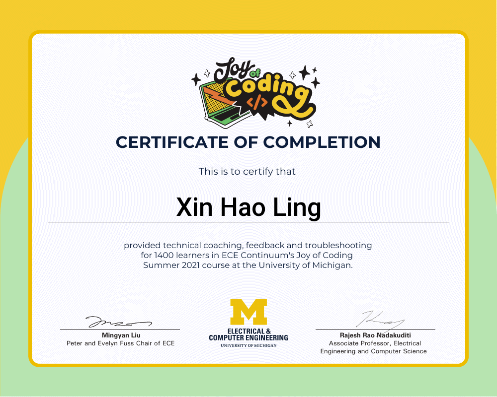 Certificate of completion for Xin Hao Ling