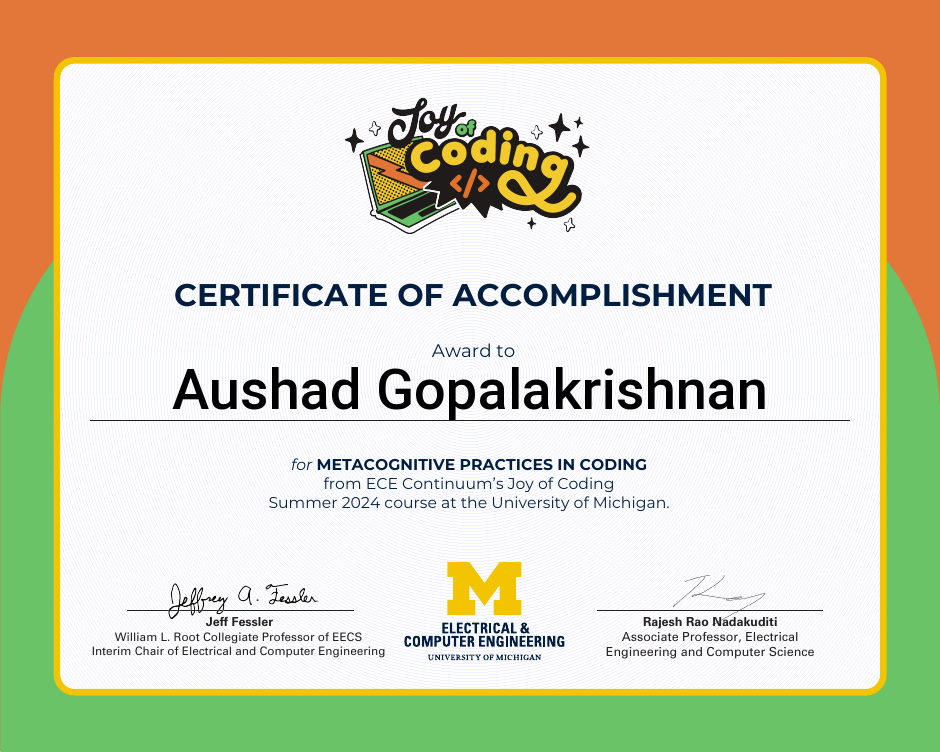 Certificate of accomplishment for Aushad Gopalakrishnan
