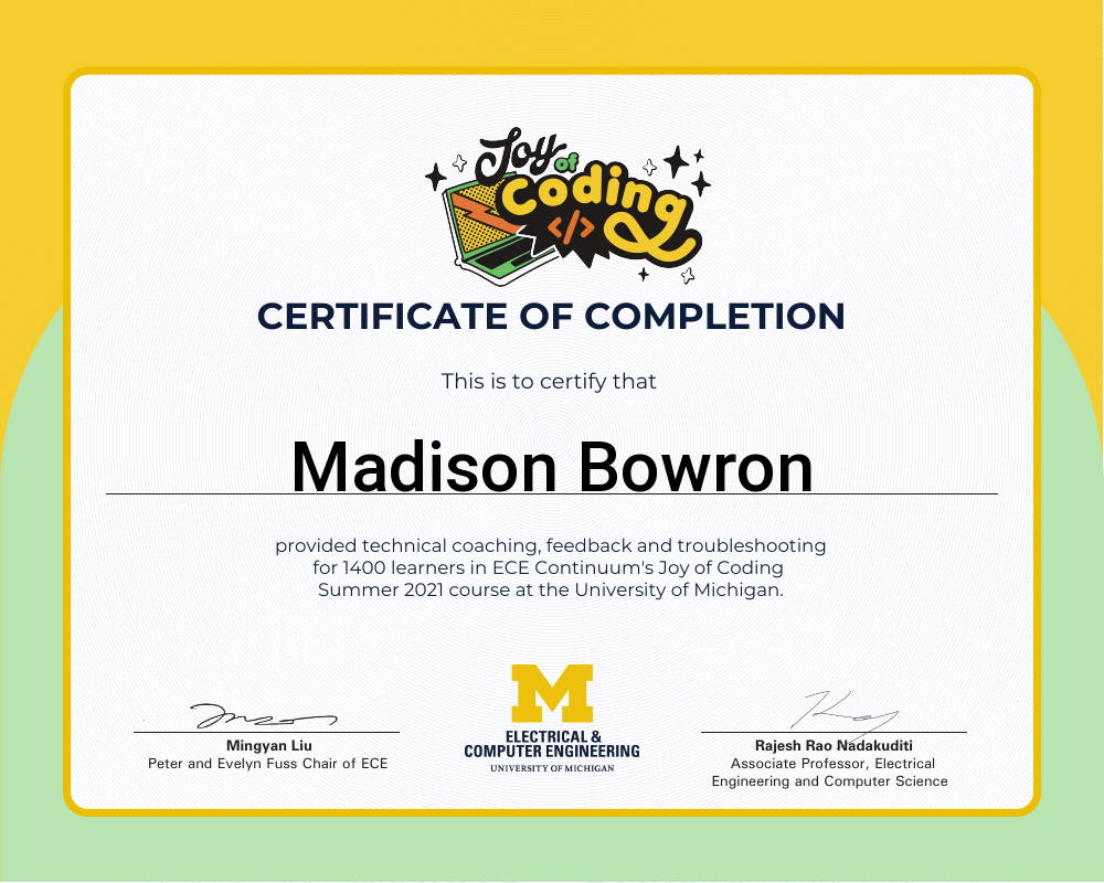 Certificate of completion for Madison Bowron