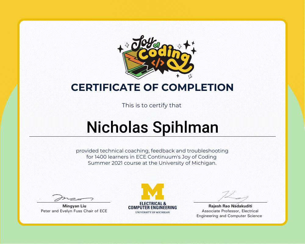 Certificate of completion for Nicholas Spihlman