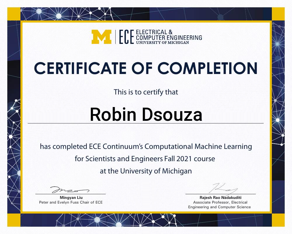 Certificate of completion for Robin Dsouza