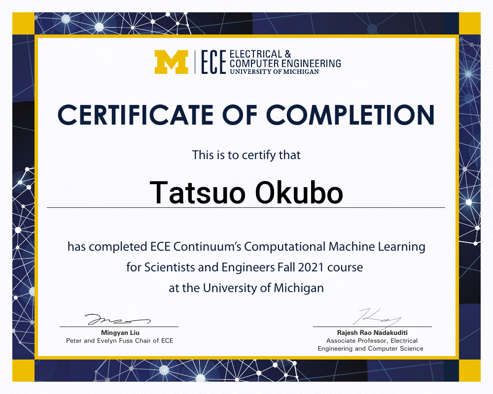 Certificate of completion for Tatsuo Okubo