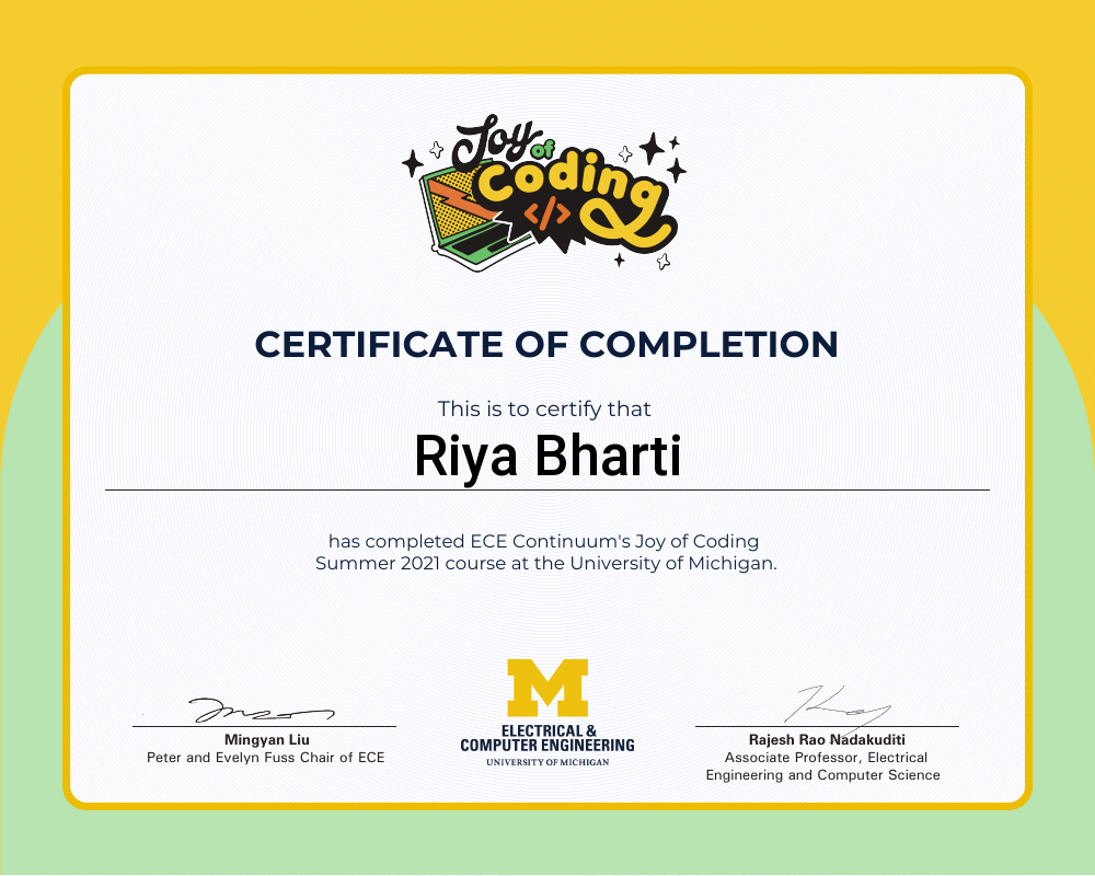 Certificate of completion for Riya Bharti