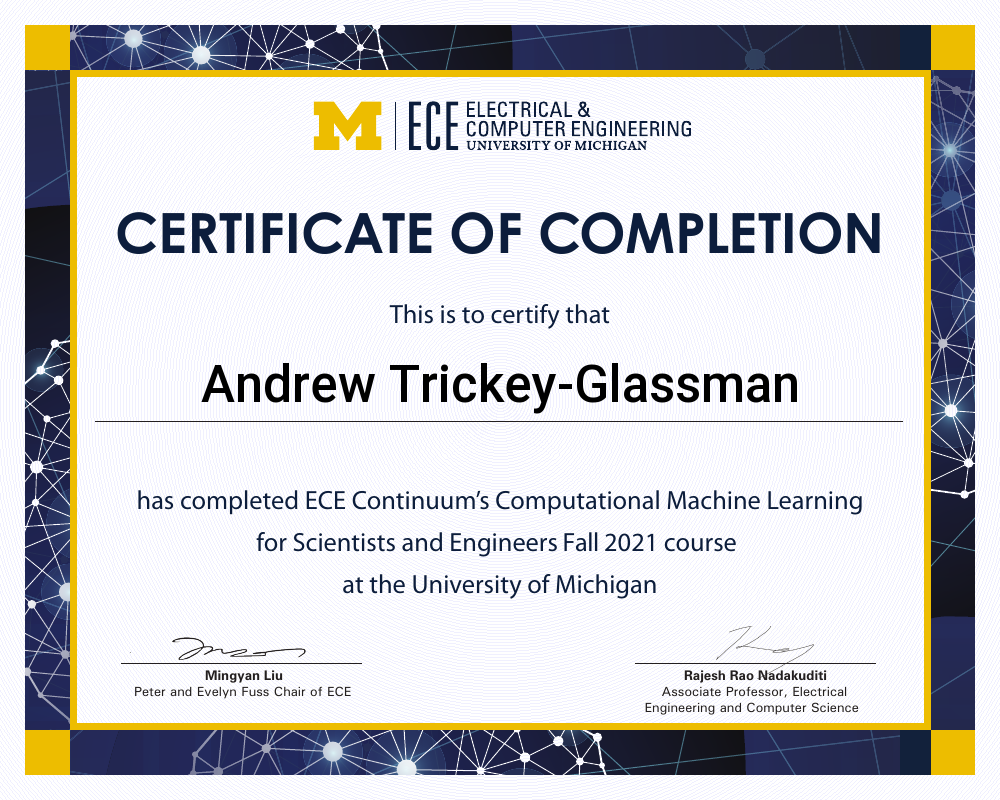 Certificate of completion for Andrew Trickey-Glassman