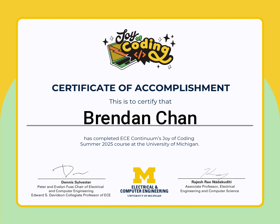 Certificate of accomplishment for Brendan Chan