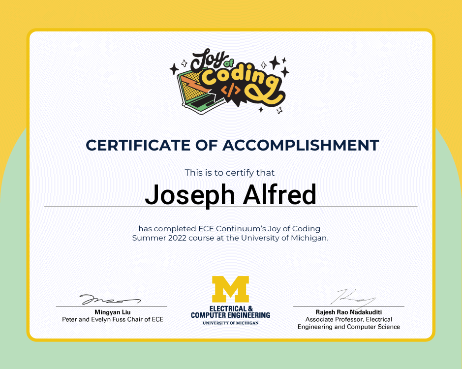 Certificate of accomplishment for Joseph Alfred