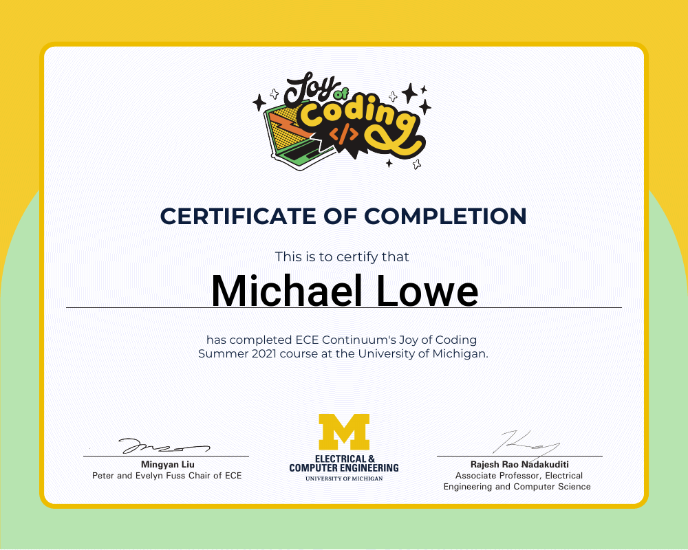 Certificate of completion for Michael Lowe