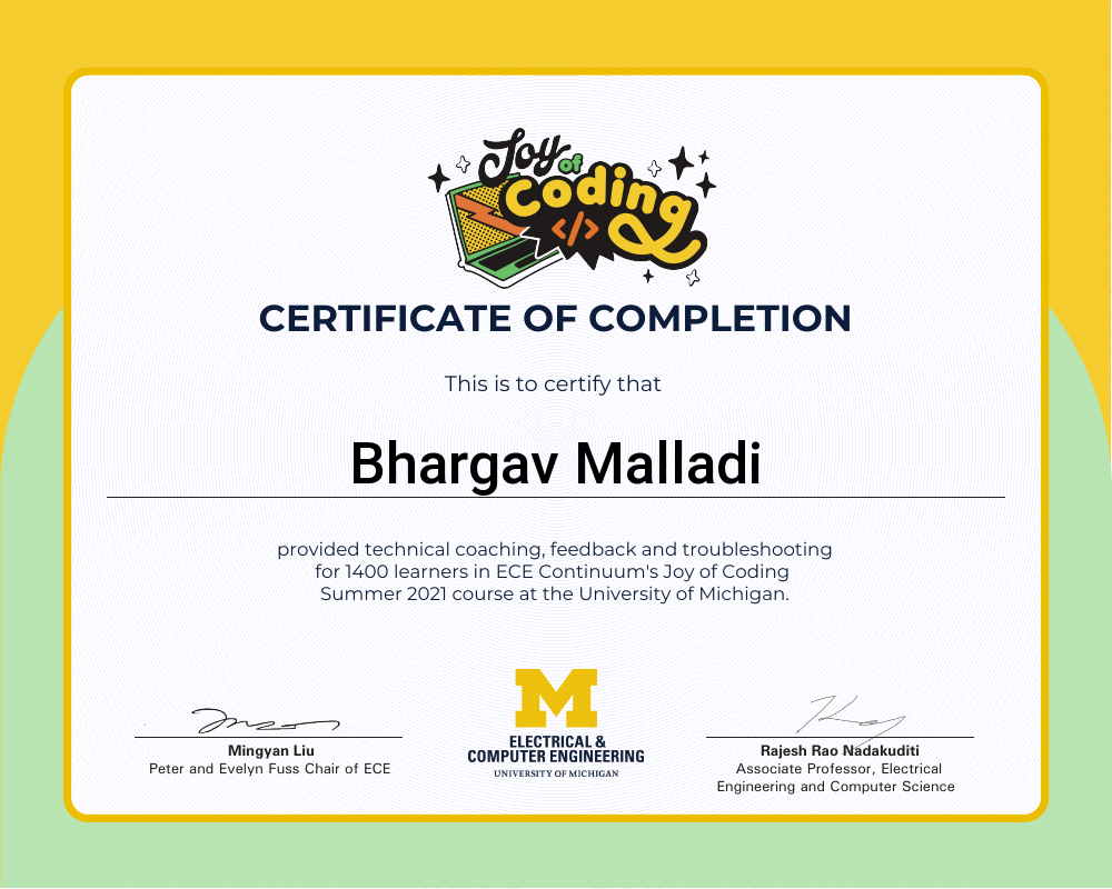 Certificate of completion for Bhargav Malladi