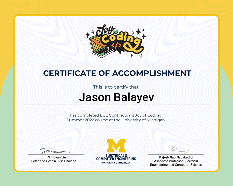 Certificate of accomplishment for Jason Balayev