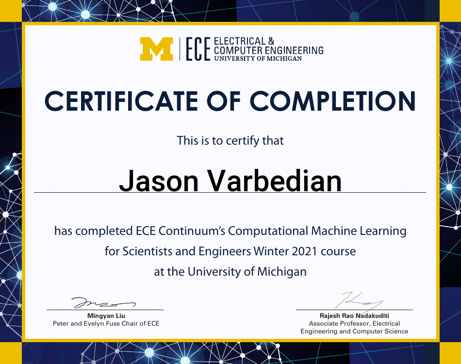 Certificate of completion for Jason Varbedian