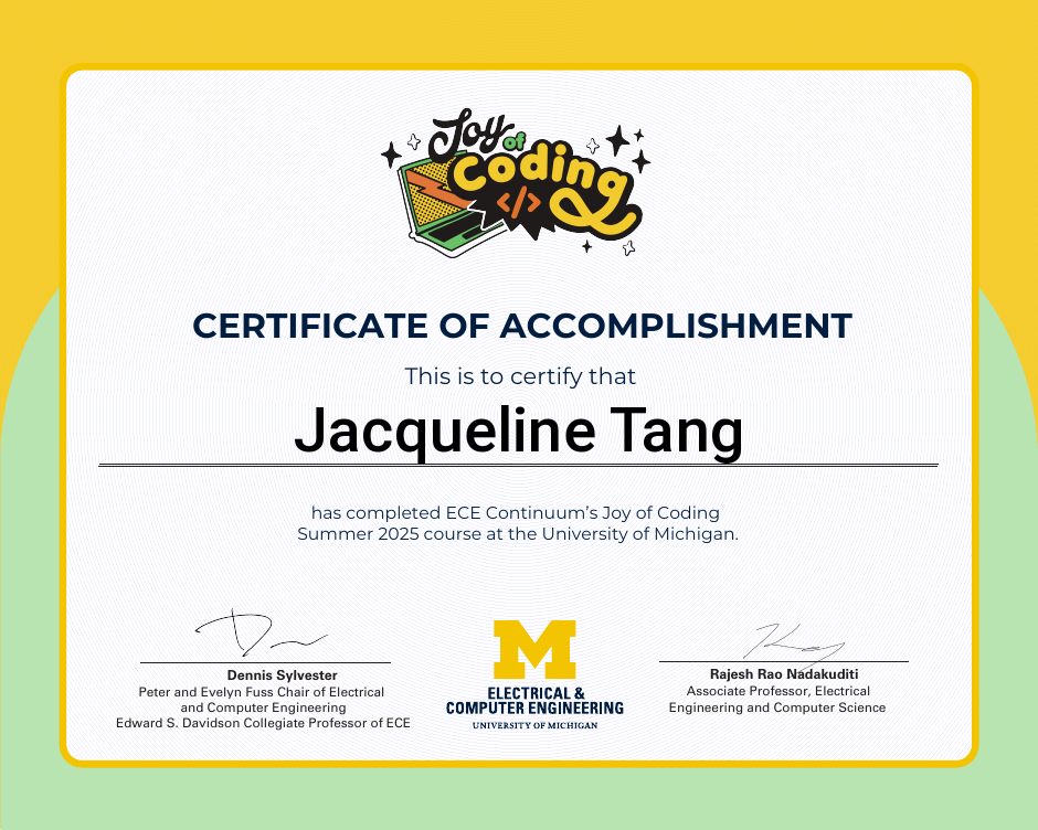 Certificate of accomplishment for Jacqueline Tang