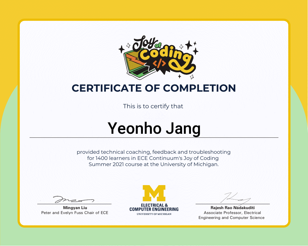Certificate of completion for Yeonho Jang