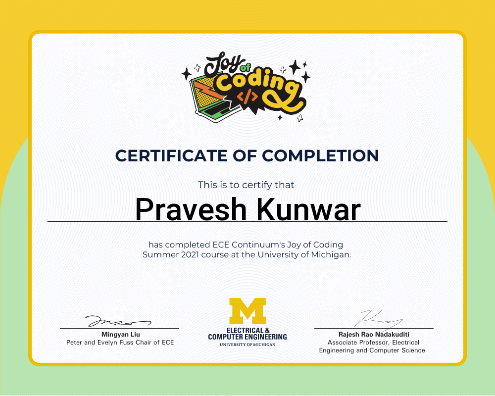 Certificate of completion for Pravesh Kunwar